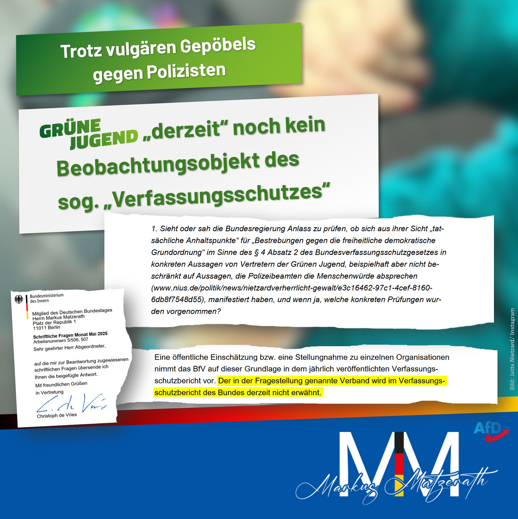 Trotz vulgären Gepöbels gegen Polizisten: Grüne Jugend „derzeit“ noch kein Beobachtungsobjekt des sog. „Verfassungsschutzes“