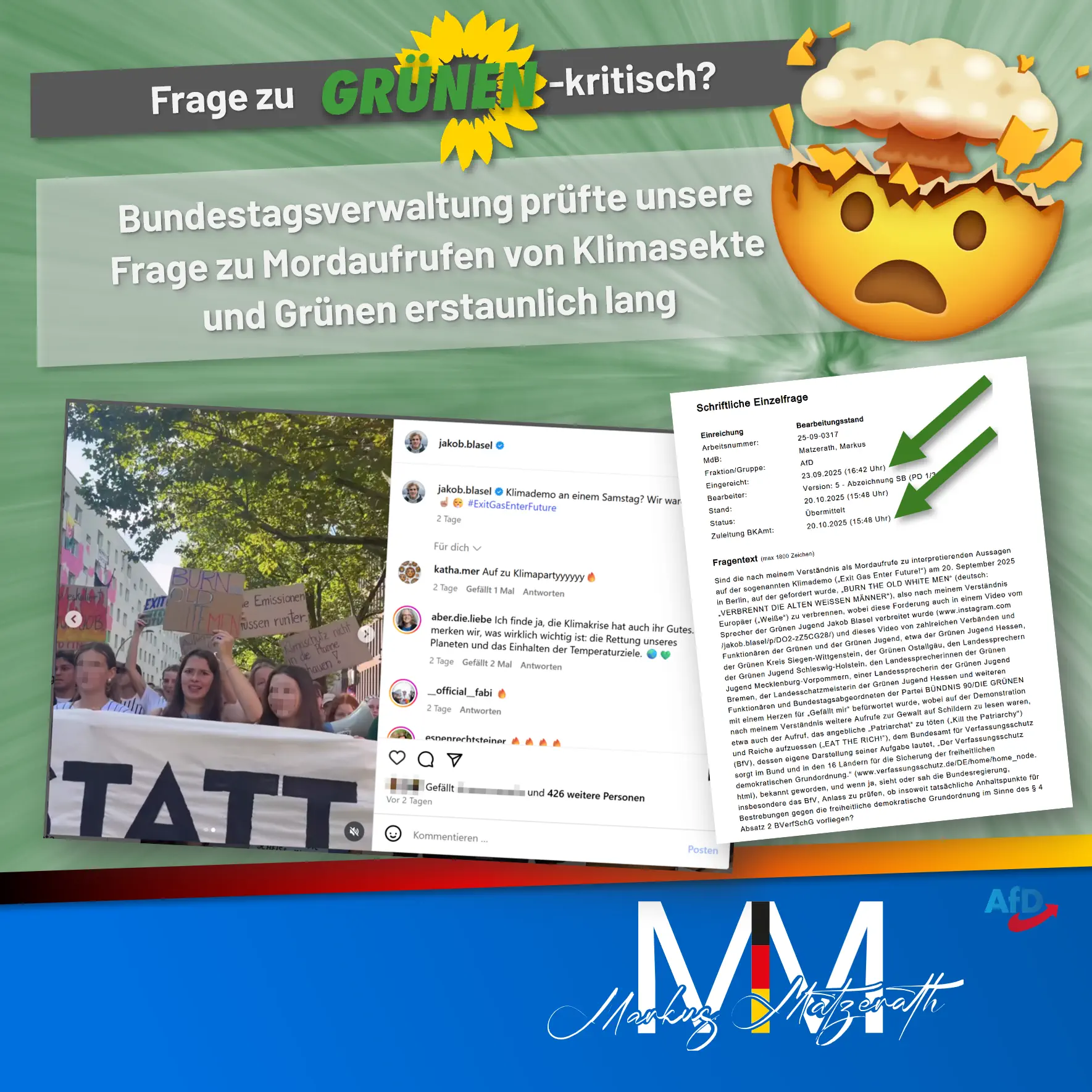 Frage zu Grünen-kritisch? Bundestagsverwaltung prüfte unsere Frage zu Mordaufrufen von Klimasekte und Grünen erstaunlich lang
