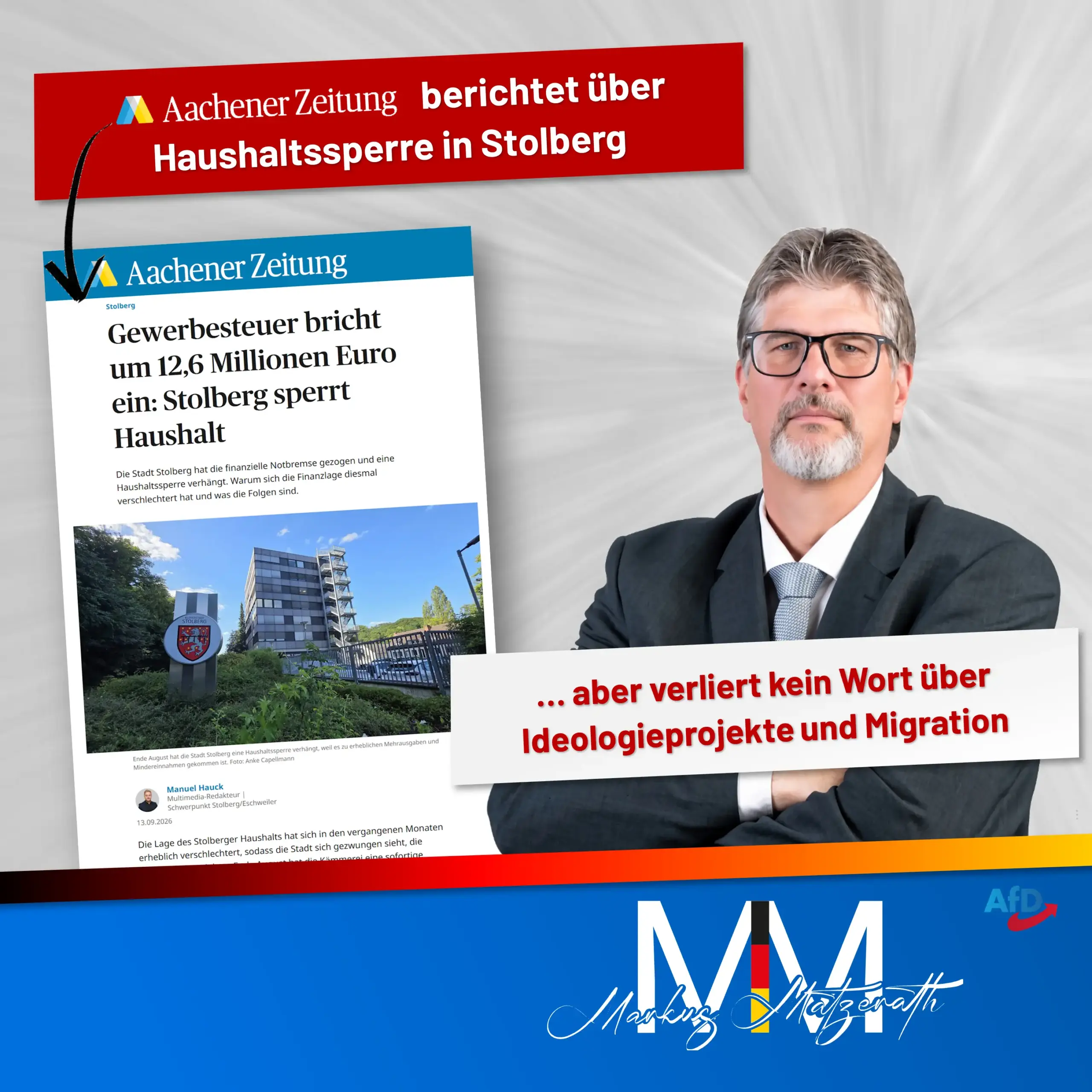 Aachener Zeitung berichtet über Haushaltssperre in Stolberg … aber verliert kein Wort über Ideologieprojekte und Migration